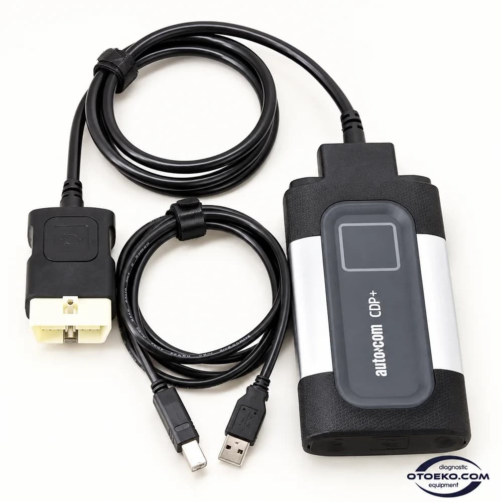 Autocom CDP+ Bluetooth cihazı, OBD kablosu ve USB kablosunun önden görünümü
