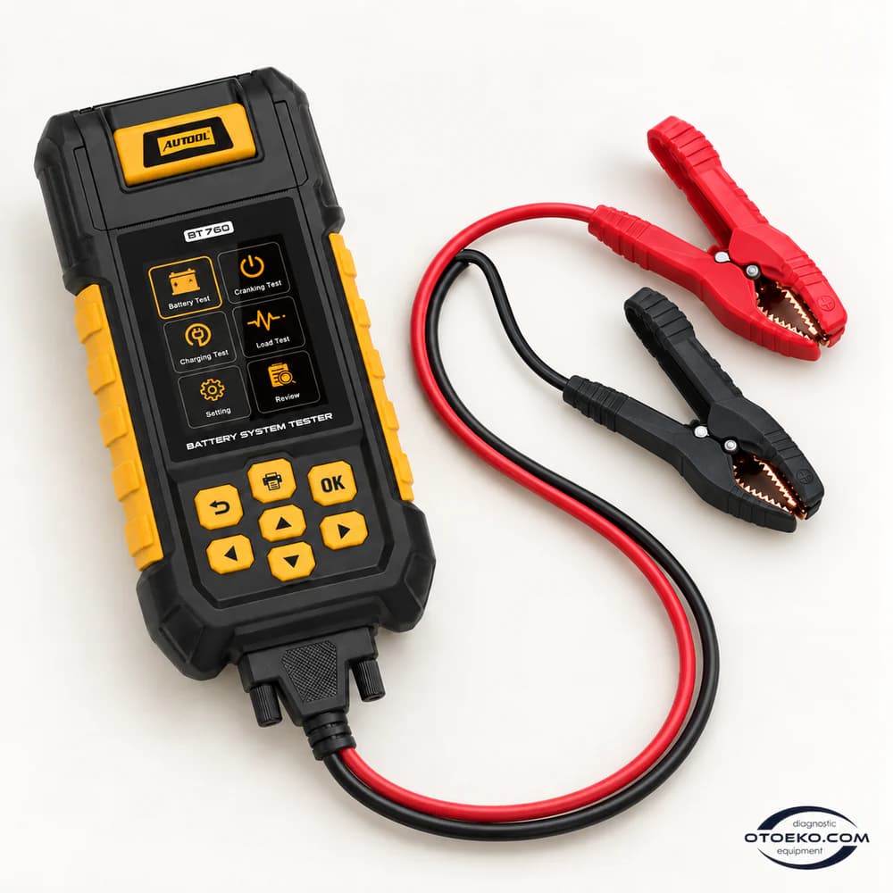 AUTOOL BT760 yazıcılı akü test cihazı ve kırmızı/siyah akü kıskaçları.