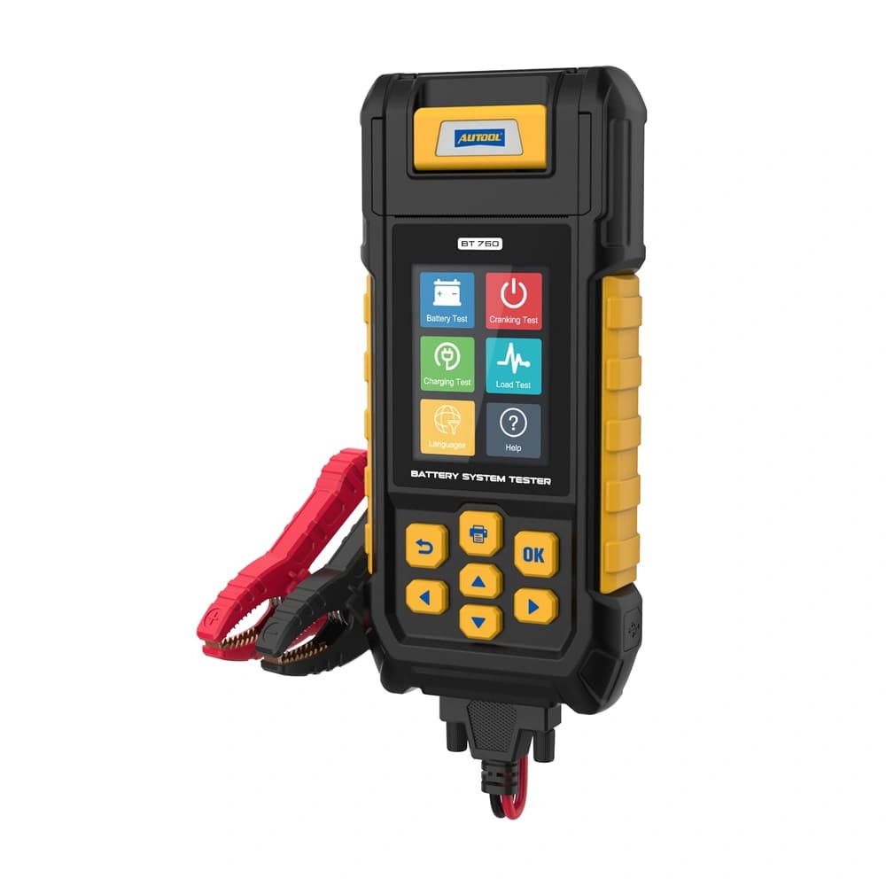 AUTOOL BT760 yazıcılı akü test cihazı ve kırmızı/siyah akü kıskaçları.