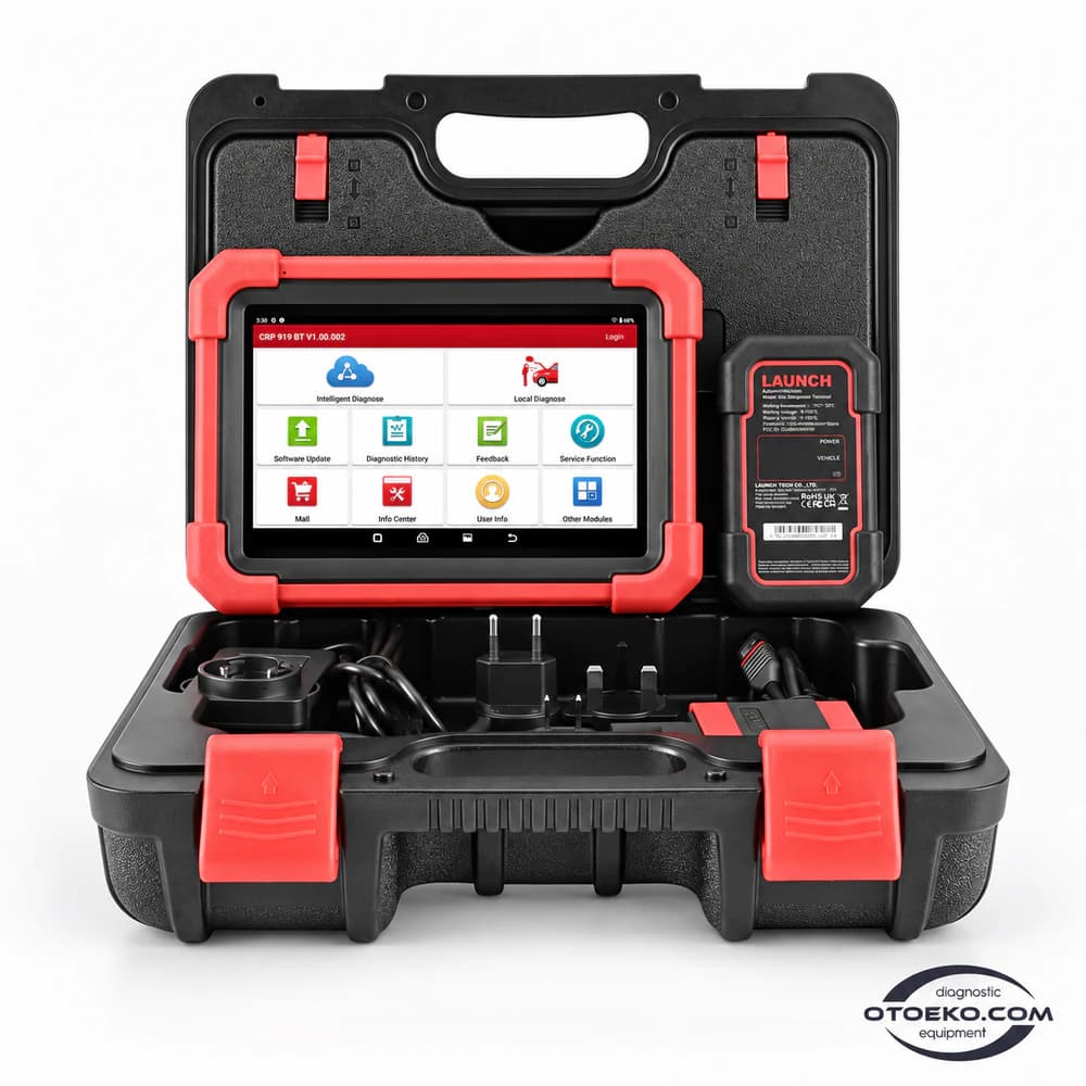 LAUNCH CRP919E BT tablet, DBSCar VII VCI ve aksesuarları açık taşıma çantasında