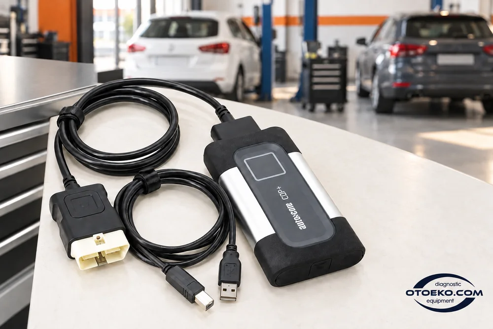 Farklı araçların bulunduğu atölye bağlamında Autocom CDP+ bağlantı seti