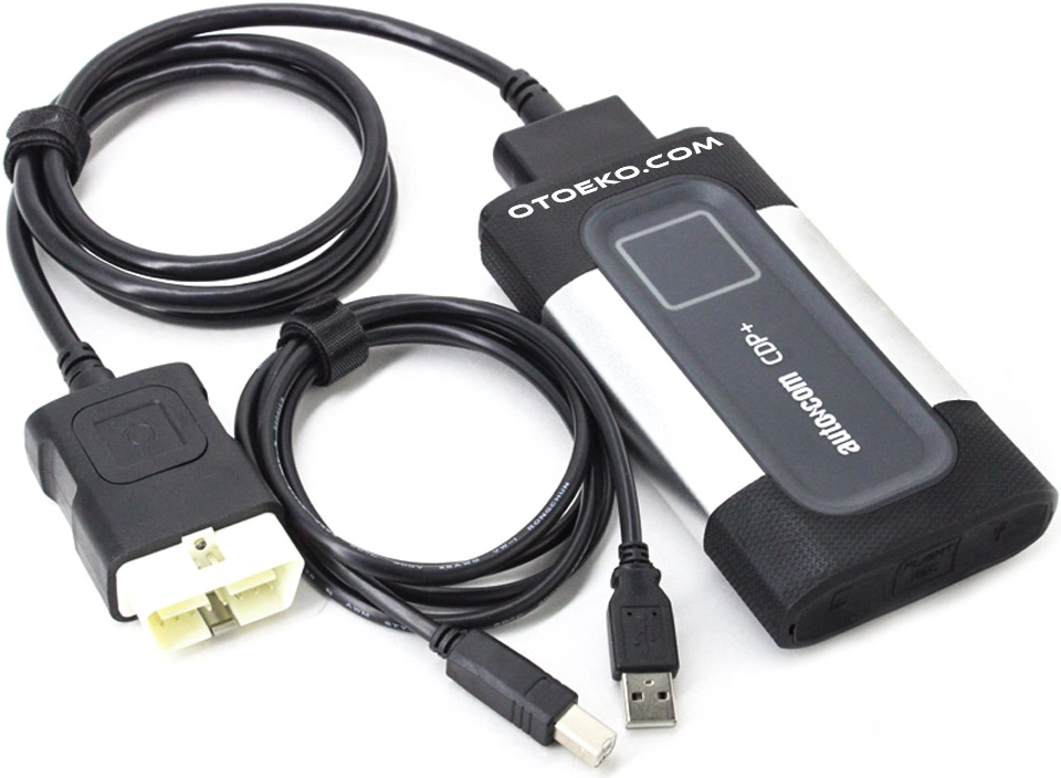 Autocom CDP+ cihazı, sarılı 16 pin OBD kablosu ve USB bağlantı kablosu.