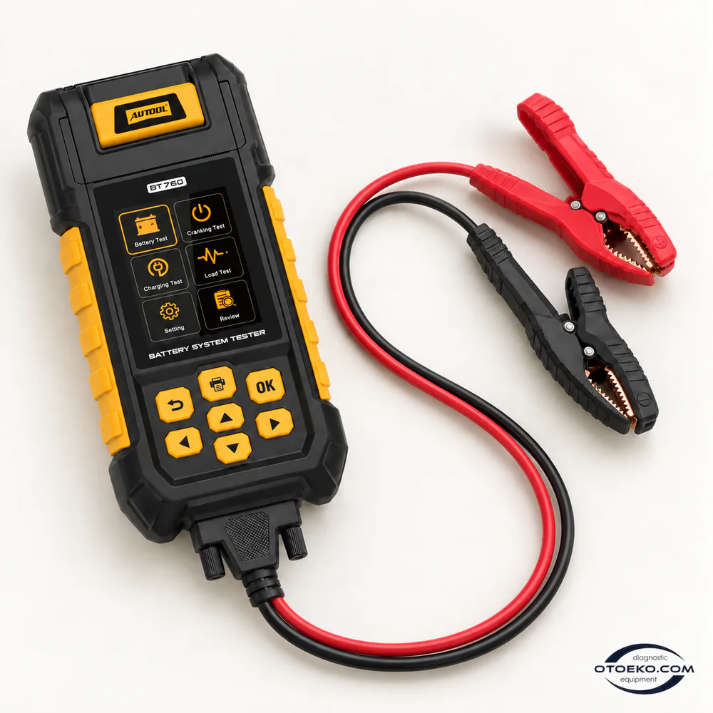 AUTOOL BT760 yazıcılı akü test cihazı, tam kırmızı siyah kablo ve ayrı duran iki akü kıskacı.