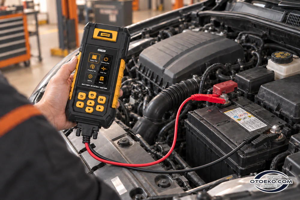 Motor bölmesinde AUTOOL BT760 kullanan teknisyen; kırmızı ve siyah kablolar akü kutuplarına bağlı.