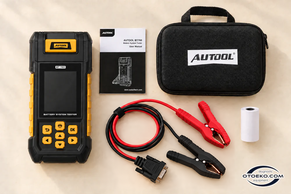 AUTOOL BT760 cihazı, taşıma çantası, eksiksiz kıskaç kablosu, kılavuz ve termal kâğıt rulosu.