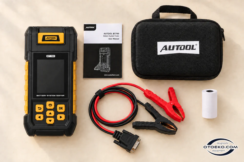 AUTOOL BT760 cihazı, taşıma çantası, eksiksiz kıskaç kablosu, kılavuz ve termal kâğıt rulosu.