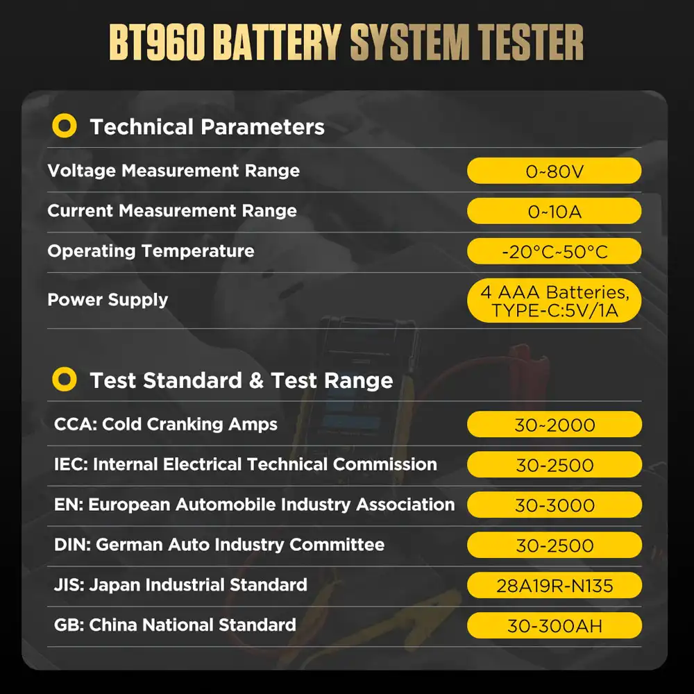 AUTOOL BT960 Pil Sistemi Test Cihazı Teknik Parametreler