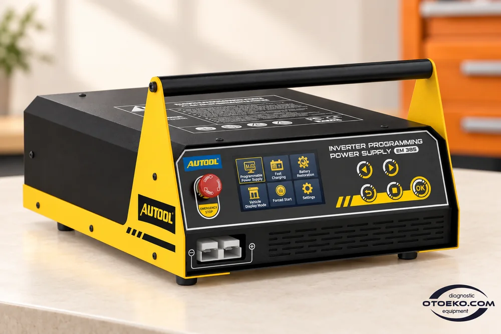AUTOOL EM385 güç kaynağının ön kontrol paneli, taşıma kolu ve bağlantı soketi