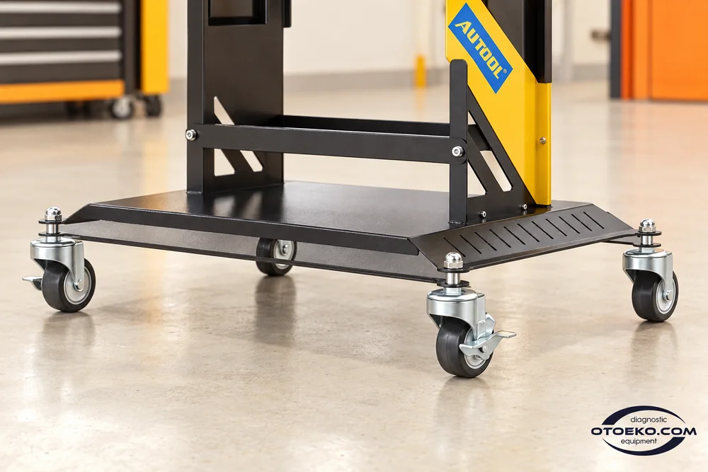 Swivel caster and brake detail on the MMT553 open-shelf cart