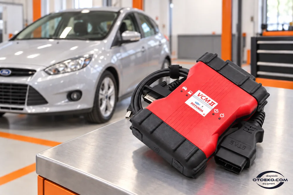 Ford VCM II cihazının araç yanında self-test hazırlığı görünümü.