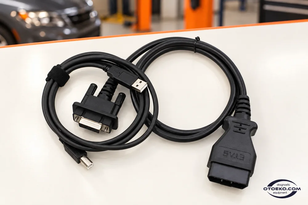 Ford VCM II USB bilgisayar kablosu ve DLC araç kablosunun bağlantı düzeni.