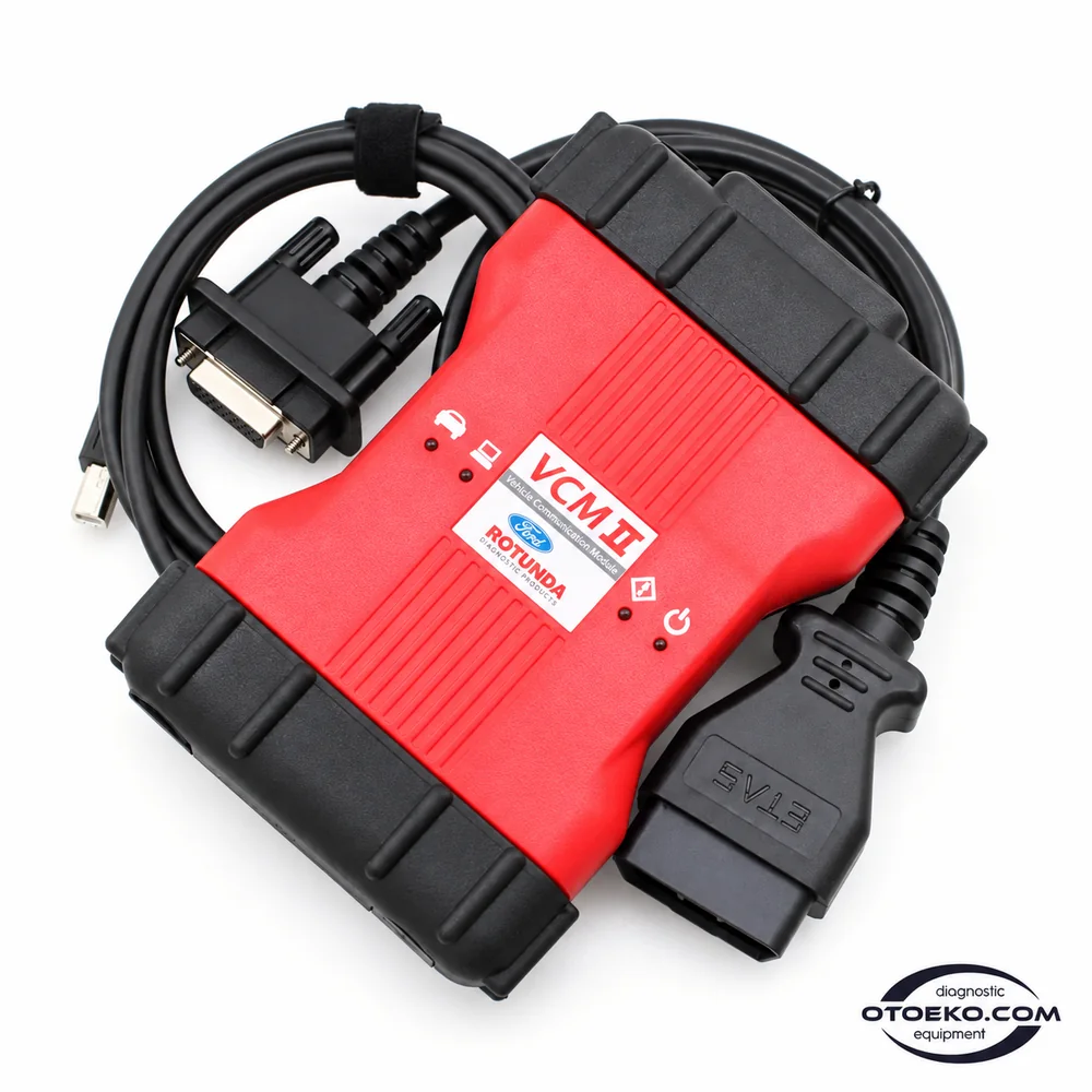 Ford VCM II kutu içeriği: Cihaz, DLC kablosu ve USB veri kablosu.