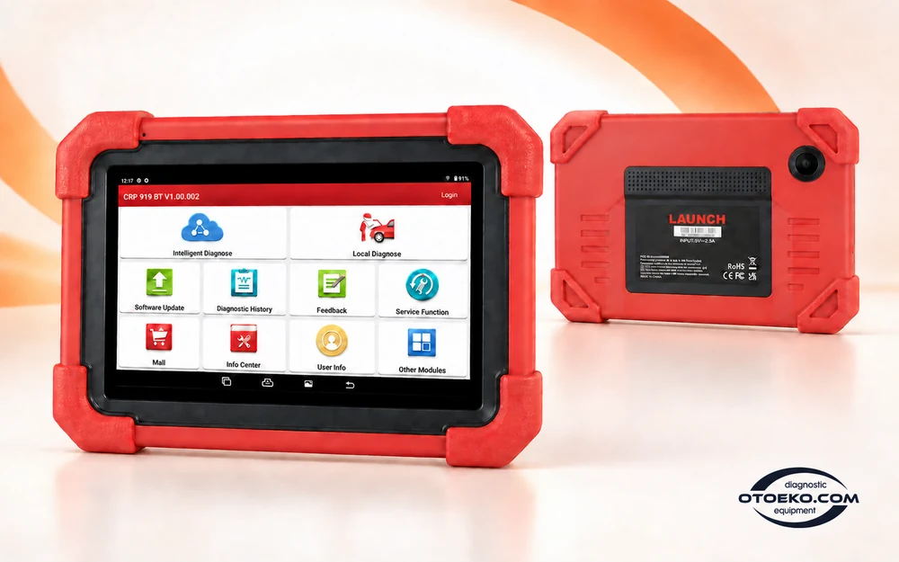 LAUNCH CRP919E BT arıza tespit tabletinin önden ve arkadan görünümü