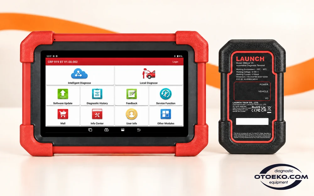 LAUNCH CRP919E BT tablet ve yanında DBScar VII Bluetooth araç arayüzü
