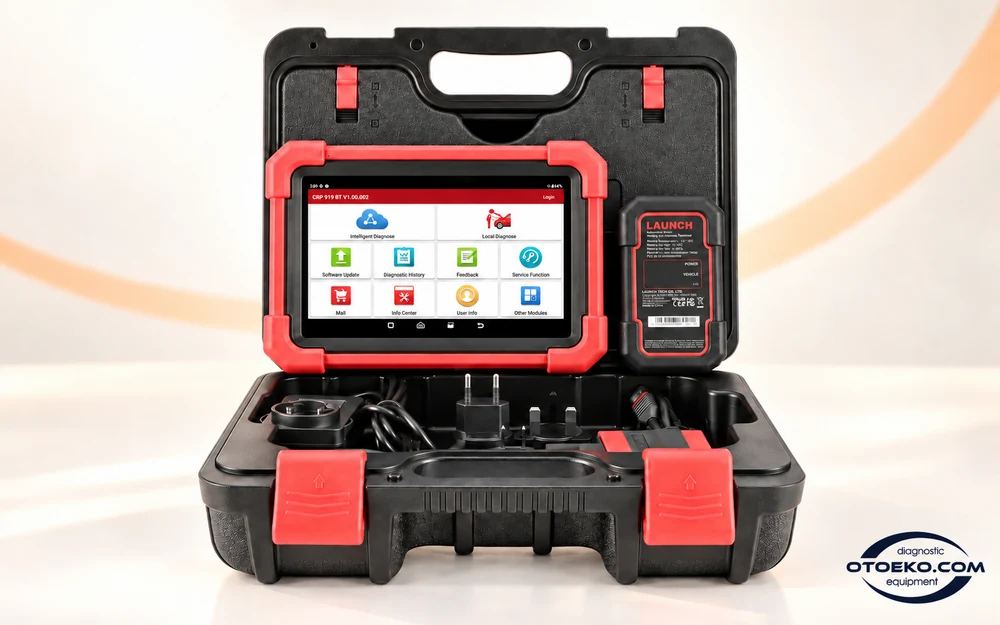 Açık sert taşıma çantası içinde LAUNCH CRP919E BT tablet, DBScar VII ve kablolar