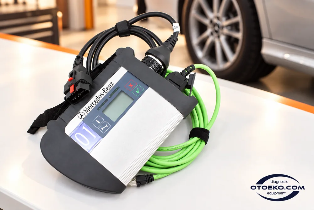 Mercedes C4 DoIP ve bağlantı kablolarının bakım sonrası kontrol hazırlığı.