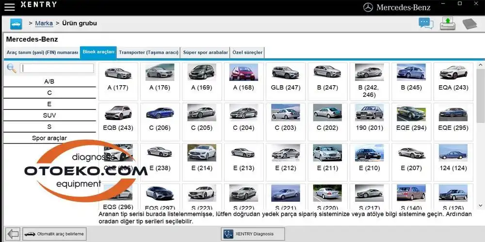 Xentry Mercedes araç model seçimi ve teşhis bağlantı ekranı Xentry Mercedes arıza tespit araç model seçimi ve teşhis bağlantı ekranı