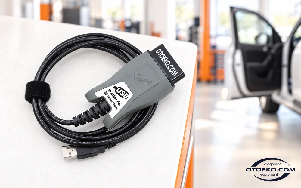 vLinker FS USB adaptör, kablo ve USB-A bağlantısının birlikte görünümü