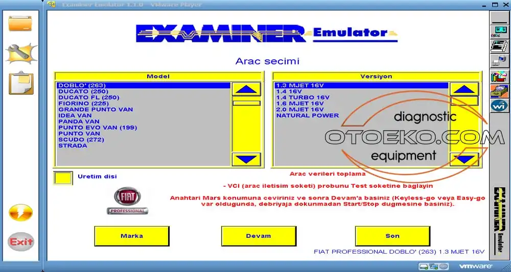 wiTECH Launcher ve Examiner araç model seçim ekranı