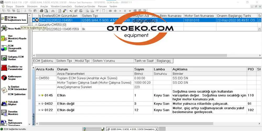 Cummins Insite Yazılım Ekranı