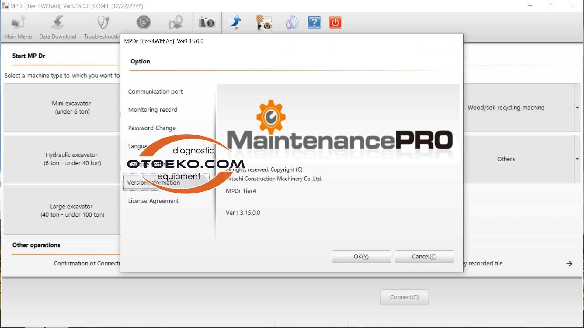 Hitachi Ekskavatör Teşhis Yazılımı Arayüzü